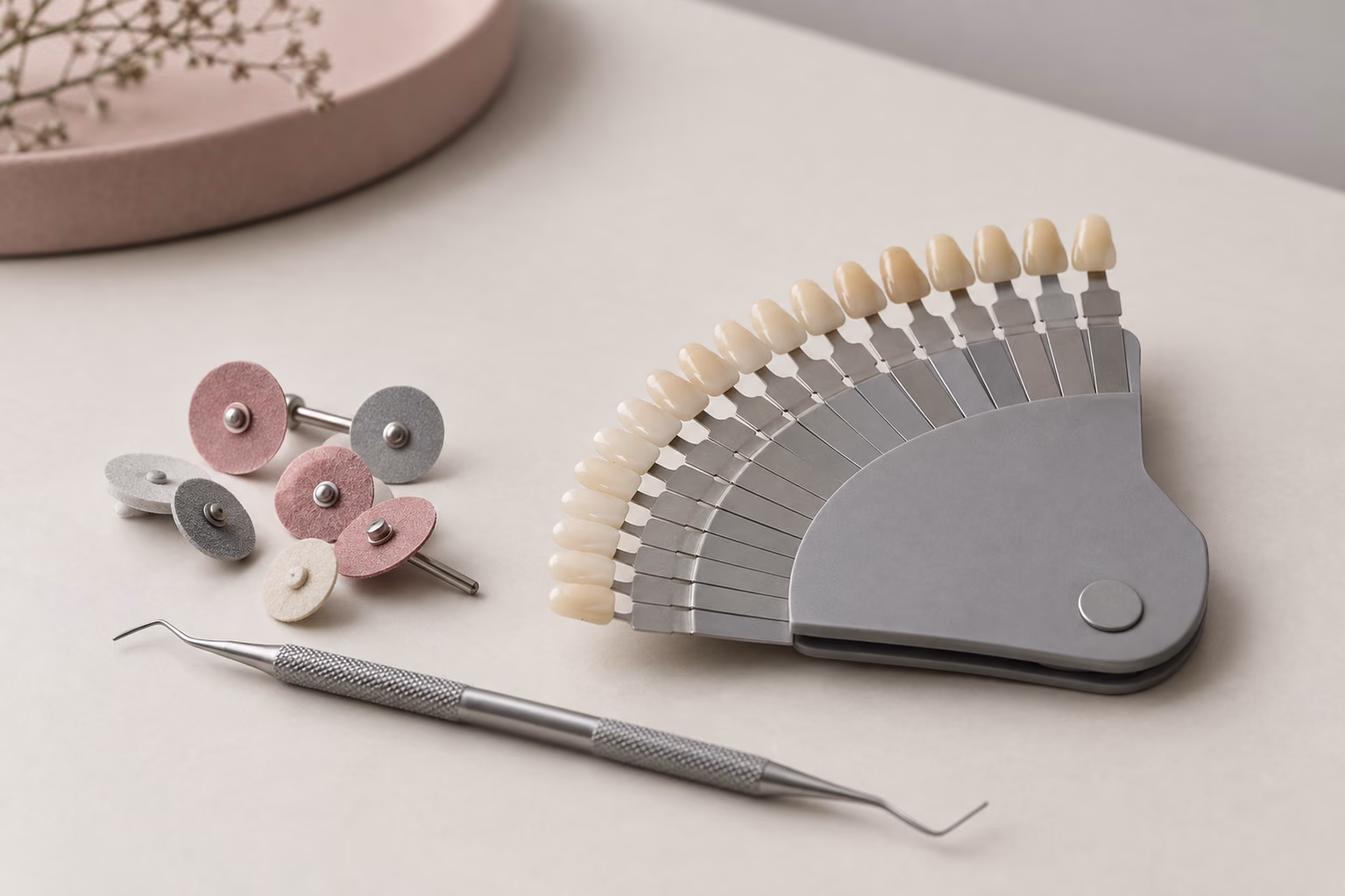 Illustrative image: tooth shade guide, polishing discs and a hand instrument