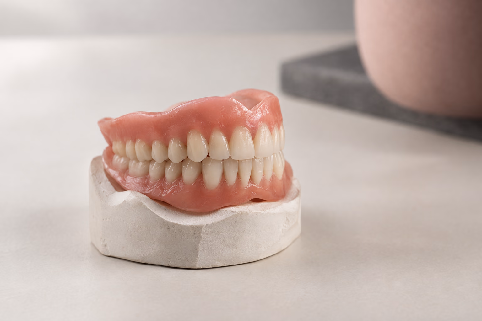 Illustrative image: acrylic complete denture on a plaster model