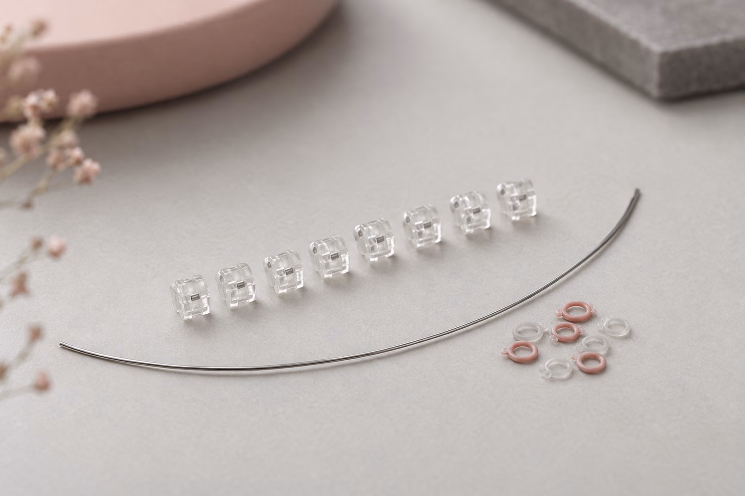 Illustrative image: ceramic orthodontic brackets, archwire and ligatures