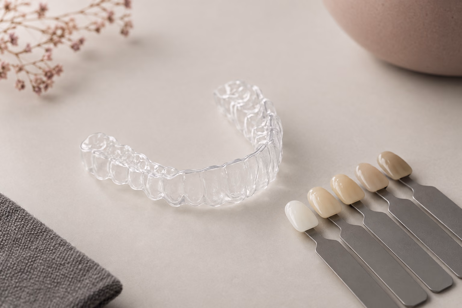 Illustrative image: clear whitening tray and tooth shade guide