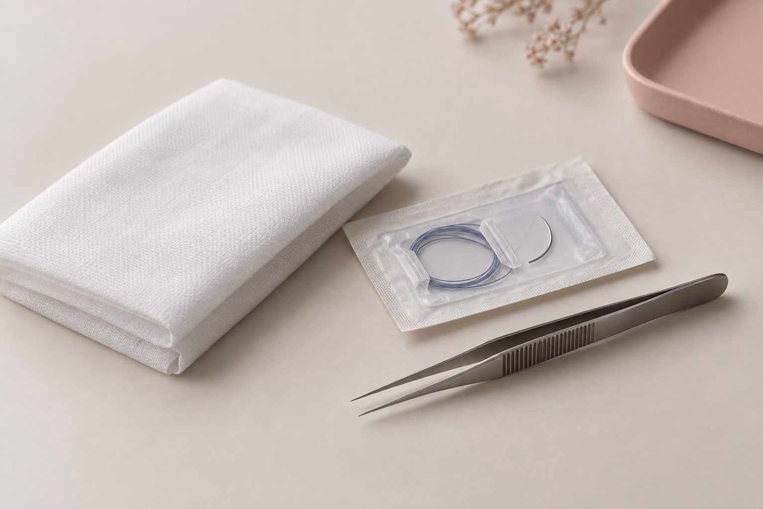 Symbolbild: sterile chirurgische Vorbereitung mit Abdecktuch, Nahtmaterial und Pinzette