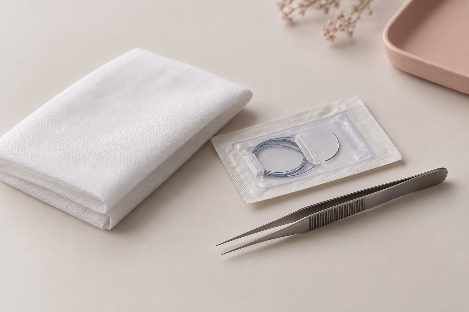 Illustrative image: sterile surgical set-up with drape, suture pack and forceps
