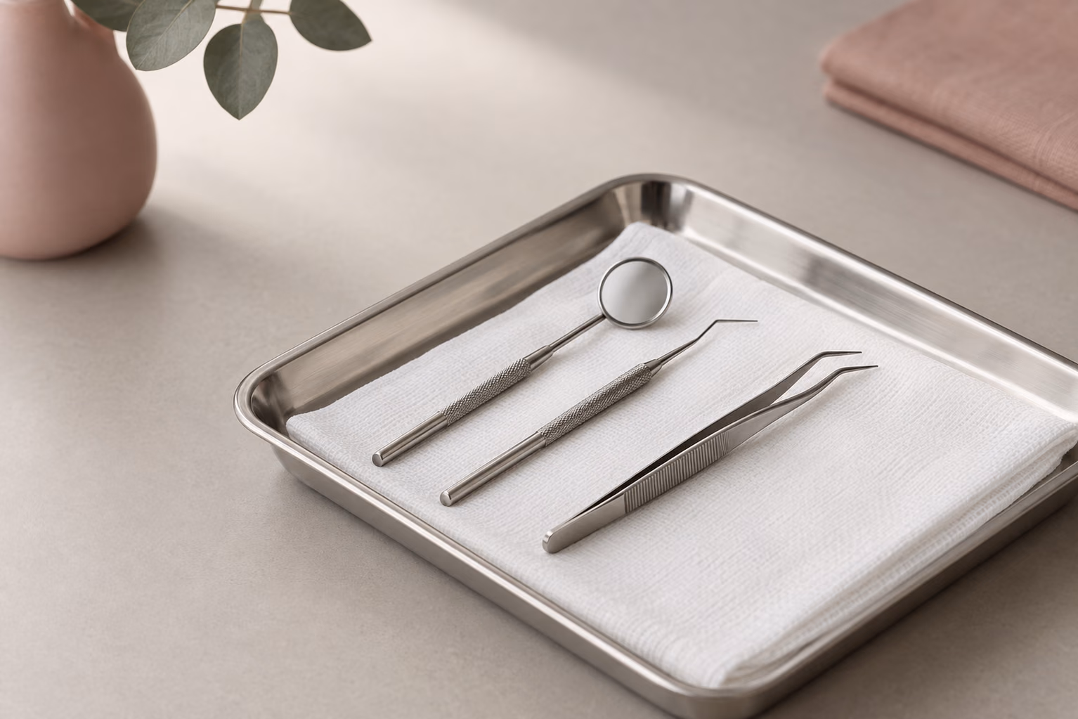 Symbolbild: Spiegel, Sonde und Zange auf einem sterilen Tray
