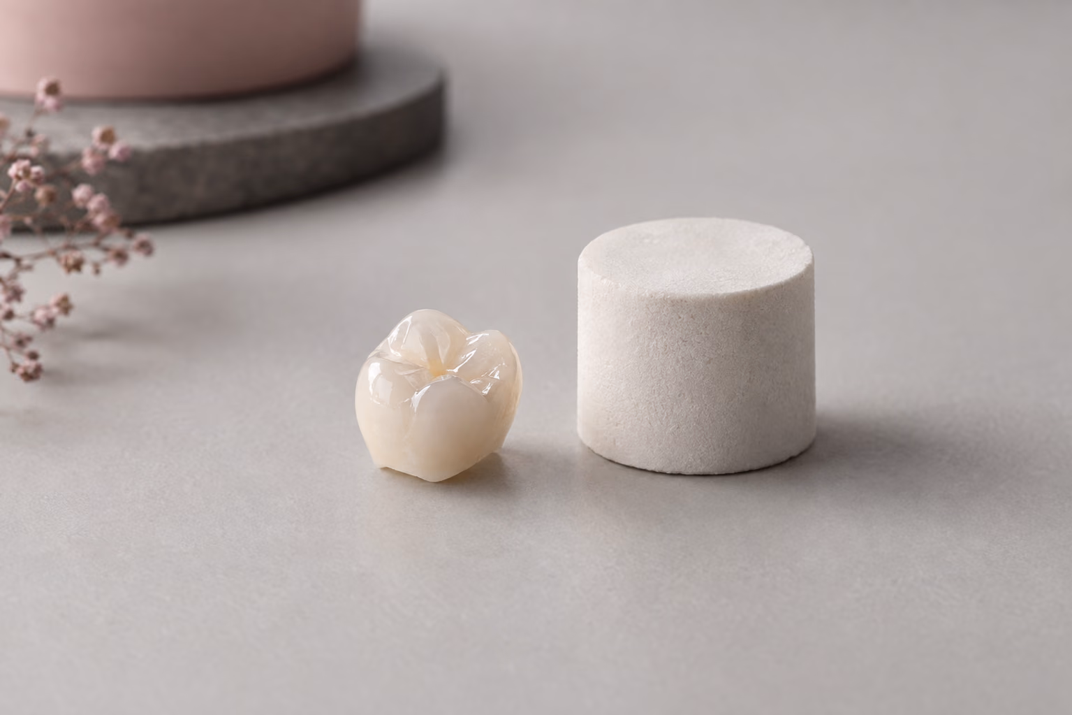Illustrative image: milled zirconia crown and an unprocessed zirconia block